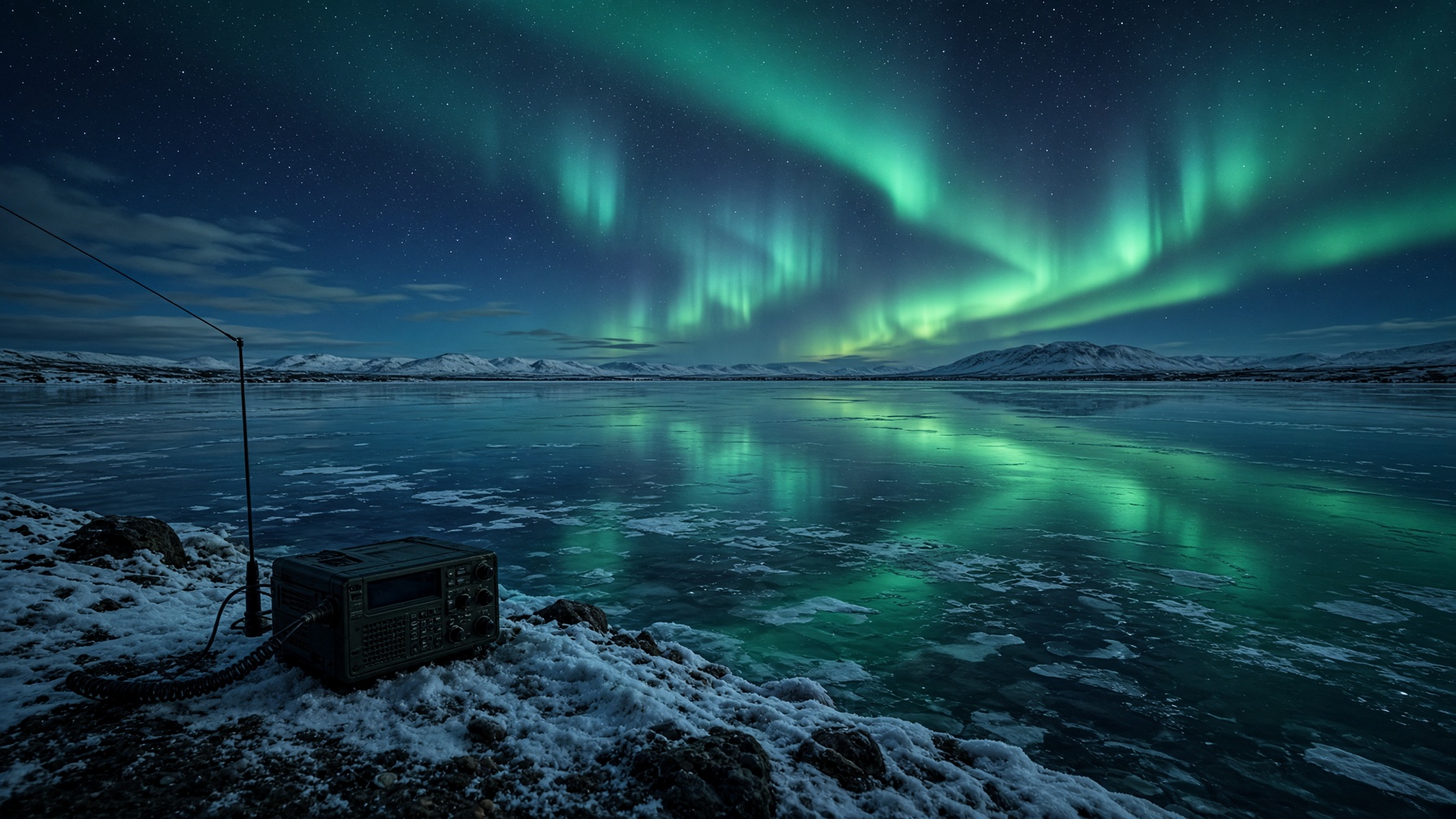 Aurora over a frozen lake with a portable HF station