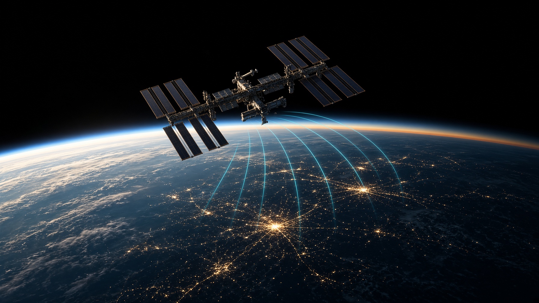 International Space Station over the Earth limb at orbital dawn