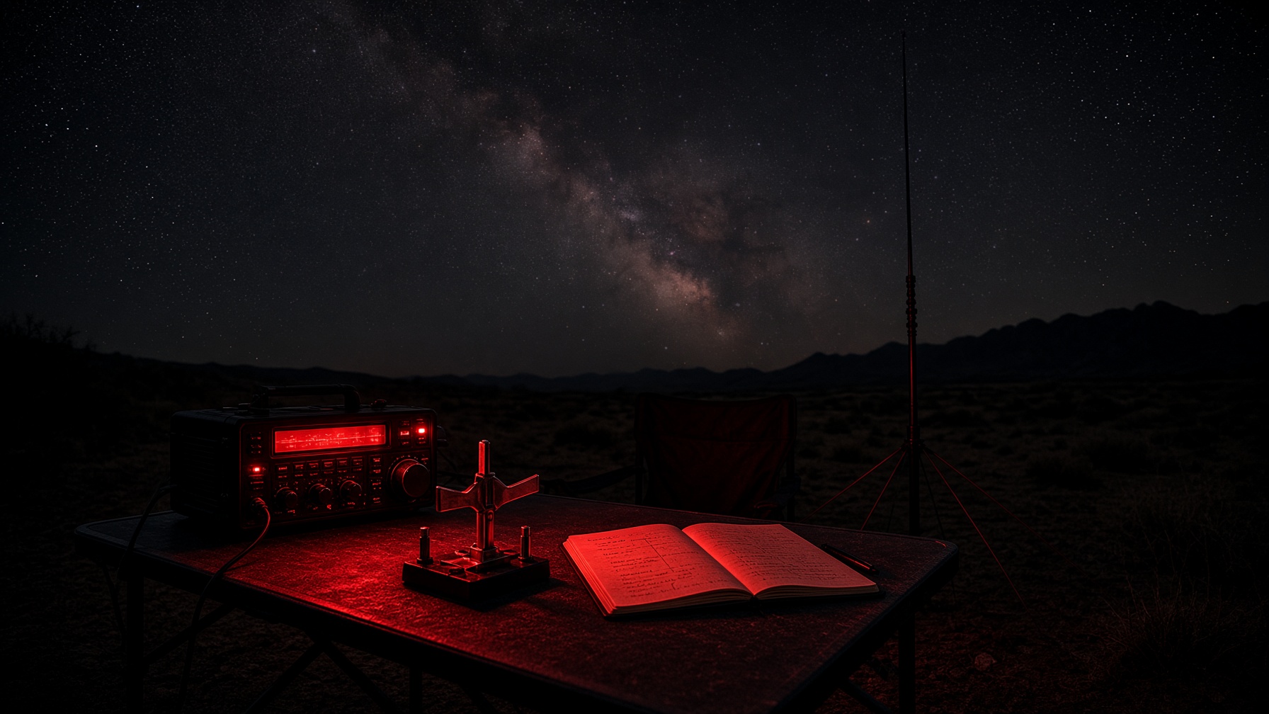 Red-light night operating position under a star field