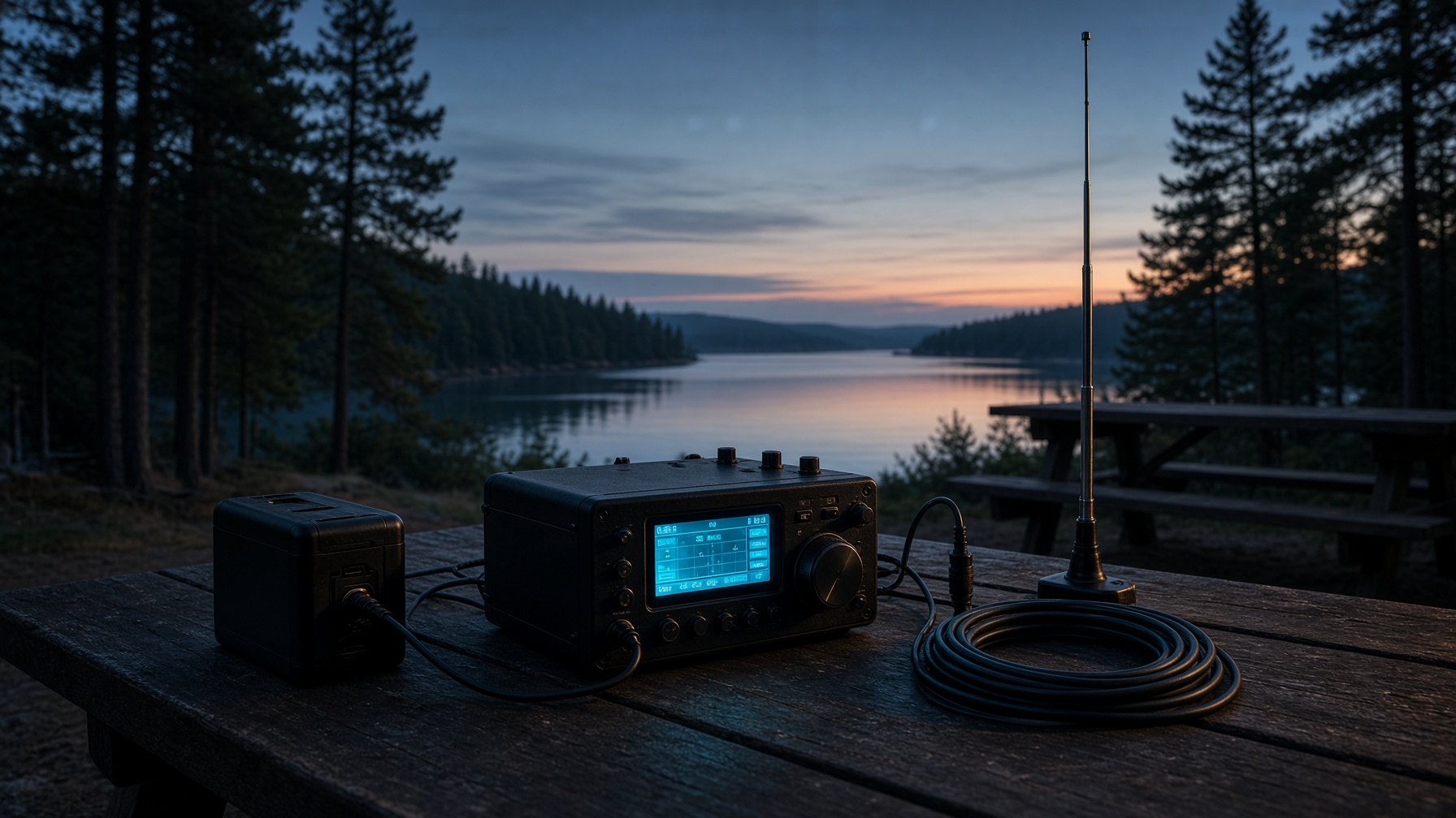 Portable POTA station at dusk in a national park