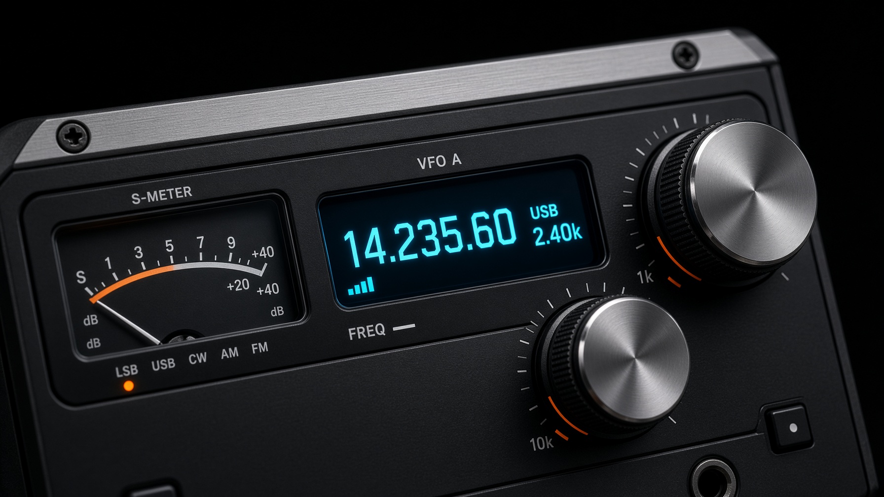 Close-up of a precision portable HF transceiver faceplate